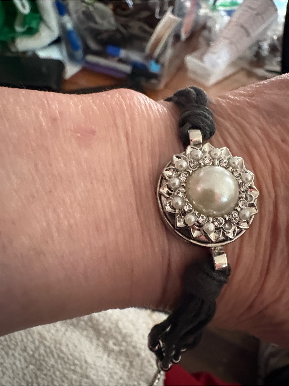 Women's Silver Pearl-Accent Braided Bracelet - Pearl White 7 1/4 inches